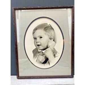 Antique Baby Telephone Photo | 1920s Black White Framed Photography Nursery Art